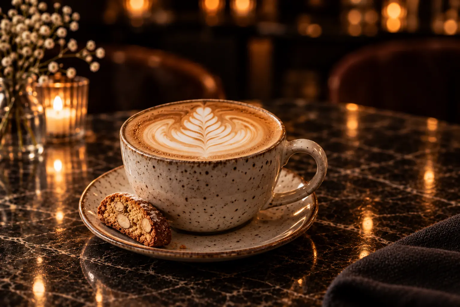 A latte and small biscuit in a warmly lit evening café