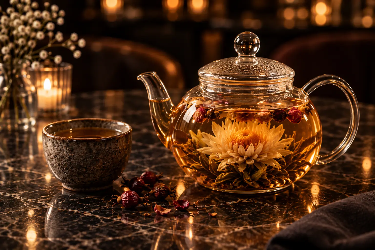 Blooming tea in a clear glass teapot by candlelight