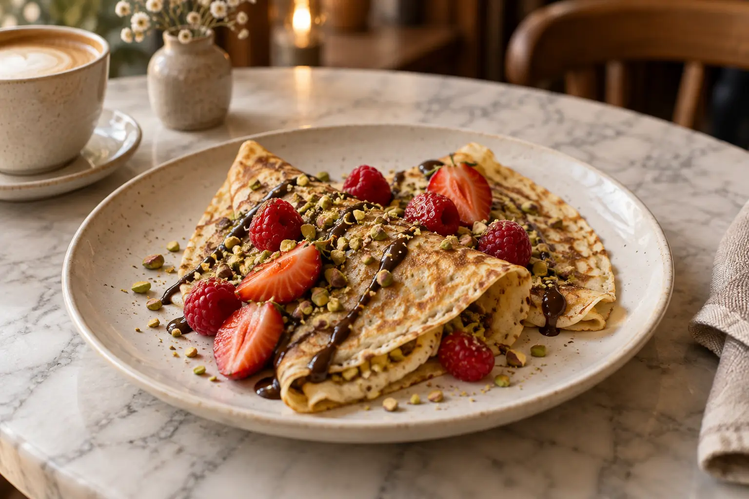 Folded crêpes finished with berries, chocolate and pistachios