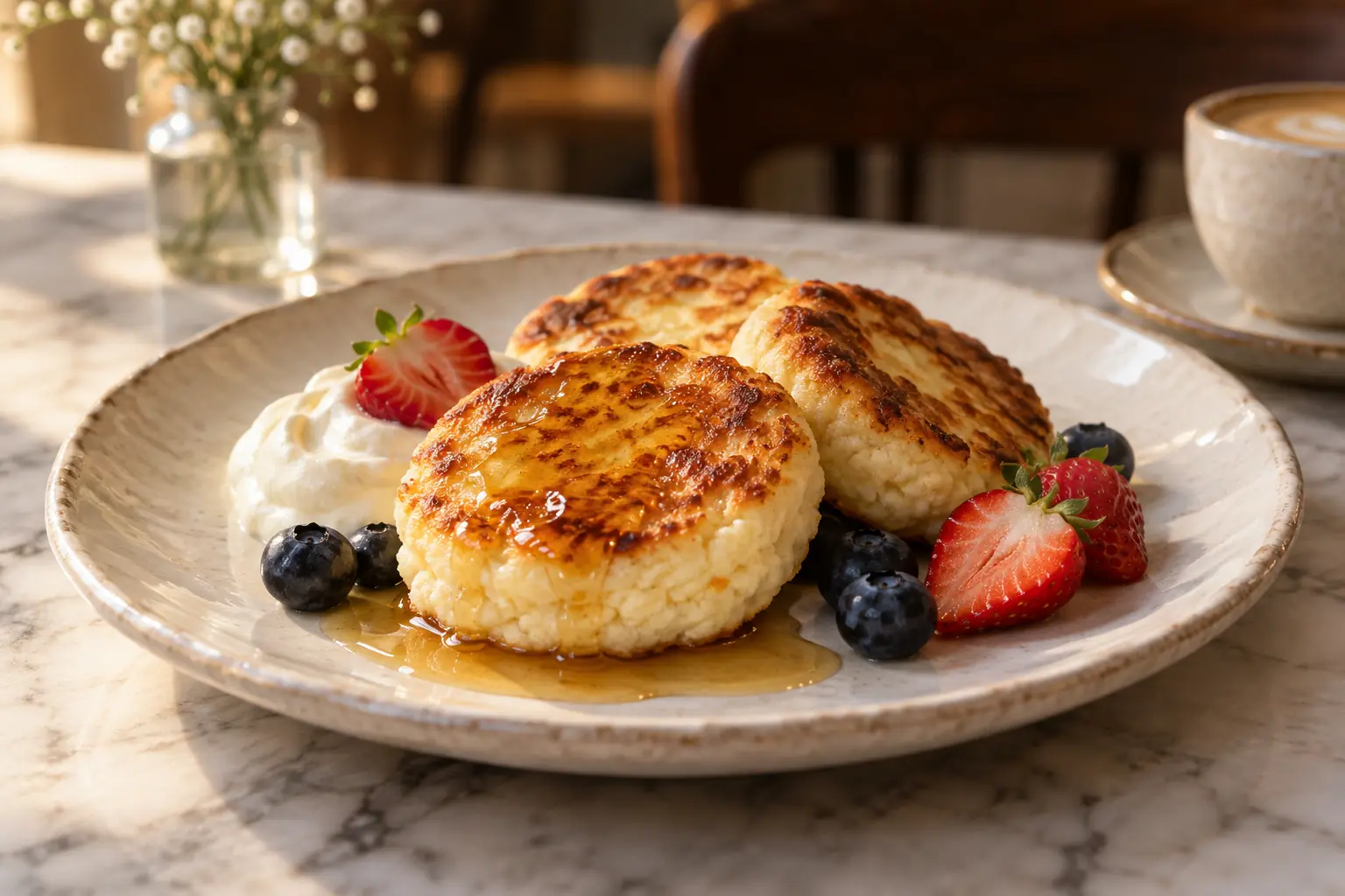 Golden syrnyky with berries, cream and maple syrup