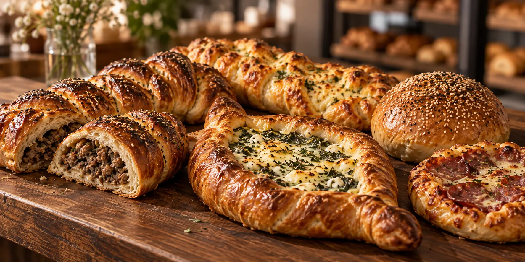 An assortment of golden savoury braids, boats and small pizzas