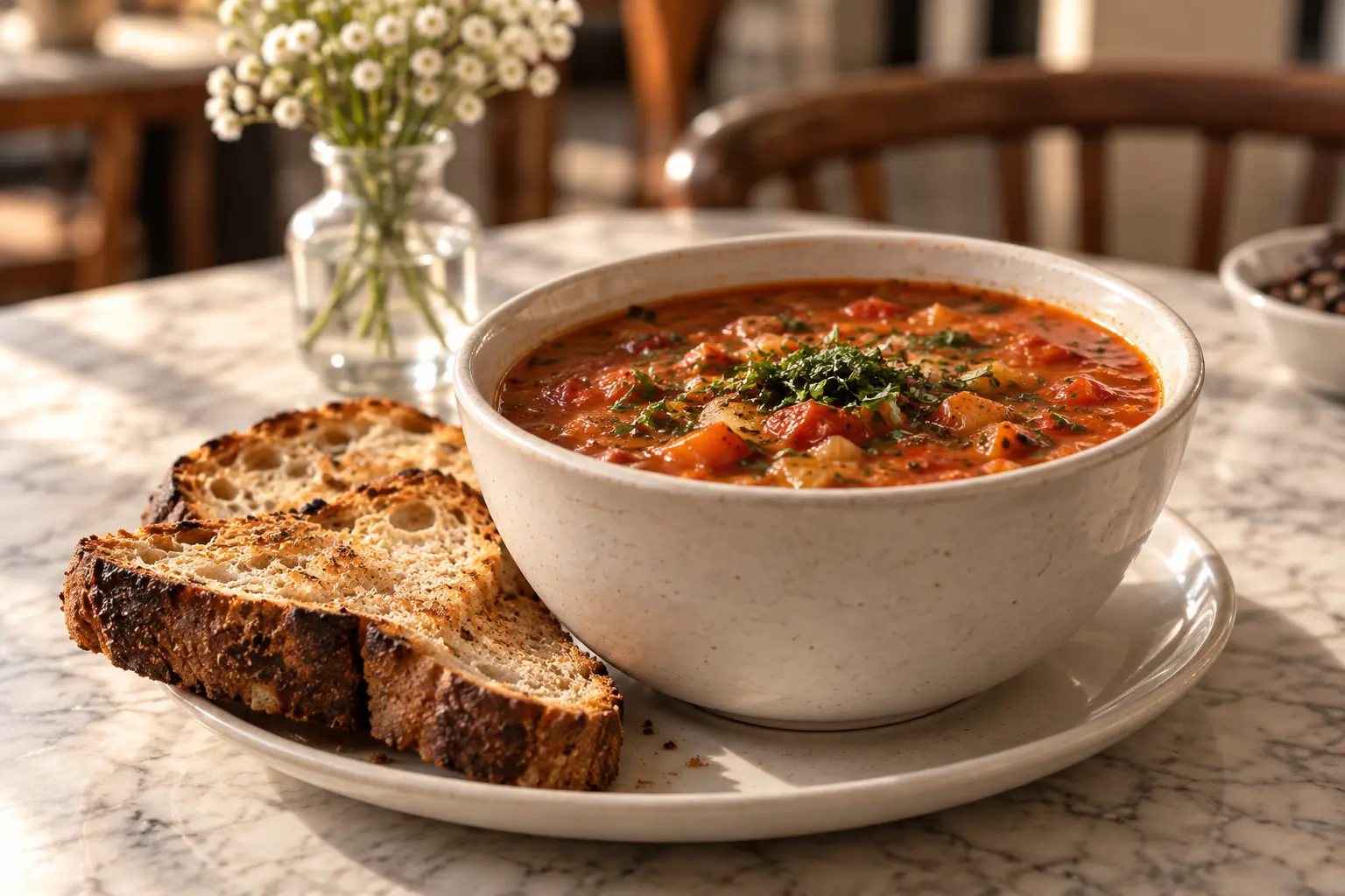 A warming bowl of soup with slices of toasted bread