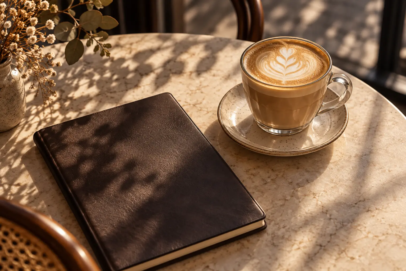 A latte and notebook in warm afternoon light